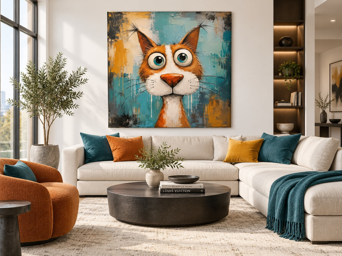 Modern Pop Art Cat Painting Abstract Textured Canvas For Home