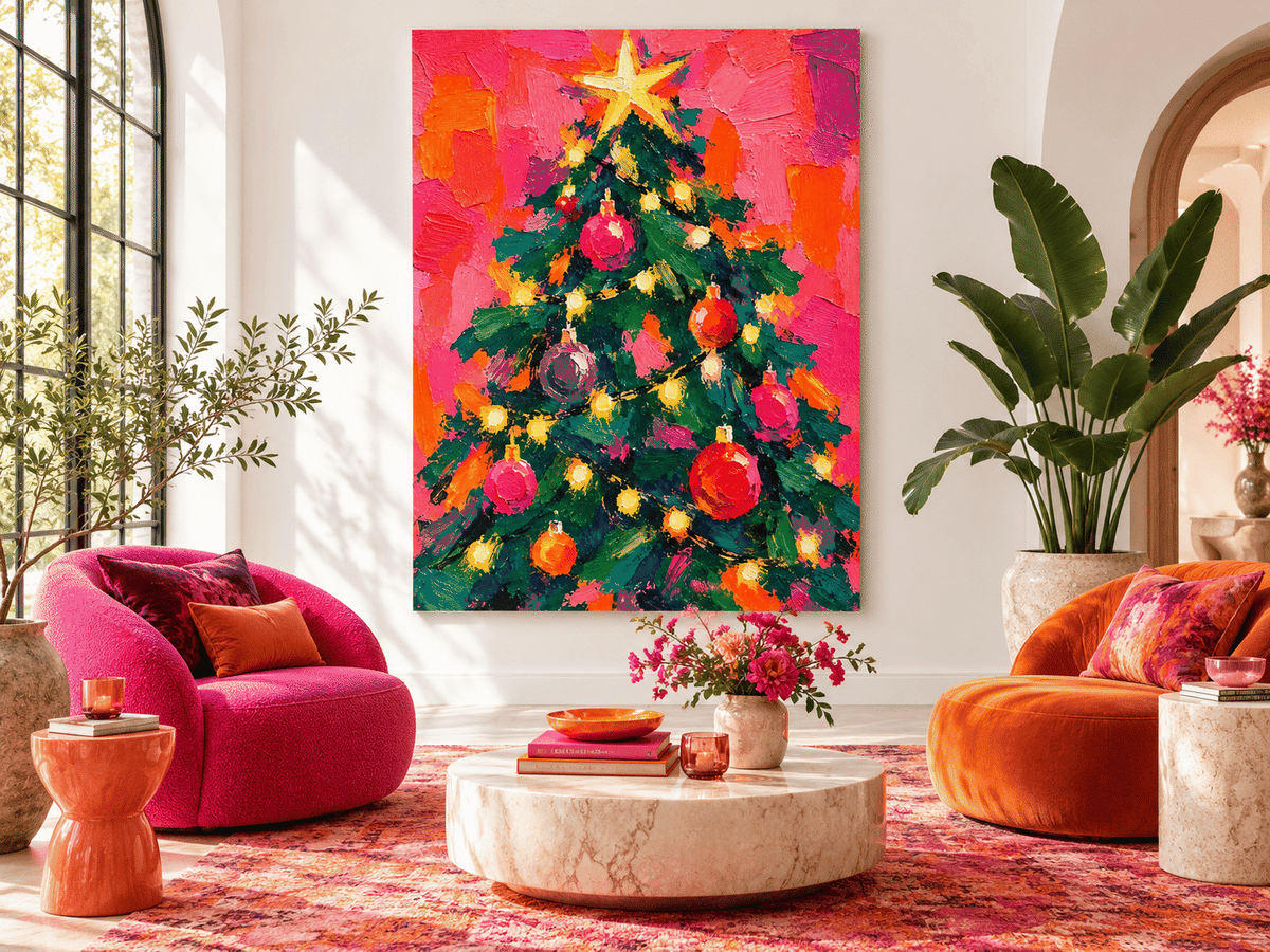 Abstract Christmas Tree Painting Hand-Painted Modern Holiday Wall Art With Star