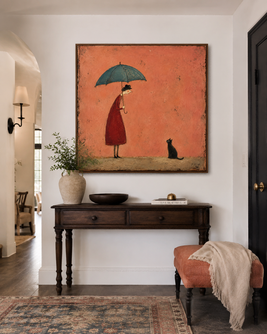 Whimsical Retro Illustration Style Original Art On Canvas Lady With Umbrella And Black Cat Vintage Canvas Painting