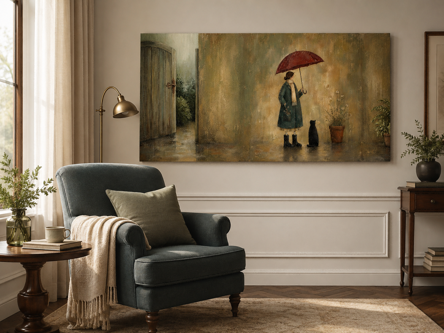 Serene Woman With Umbrella And Black Cat Horizontal Canvas Art For Quiet Spaces