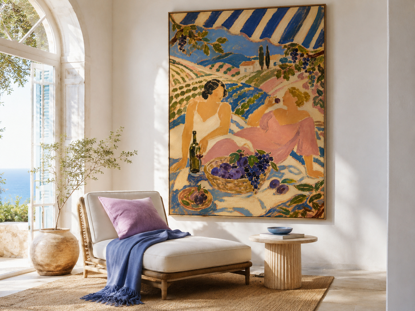 Dreamy Fantasy Art Deco Painting Of Women Relaxing In A Stylized Landscape With Grapes