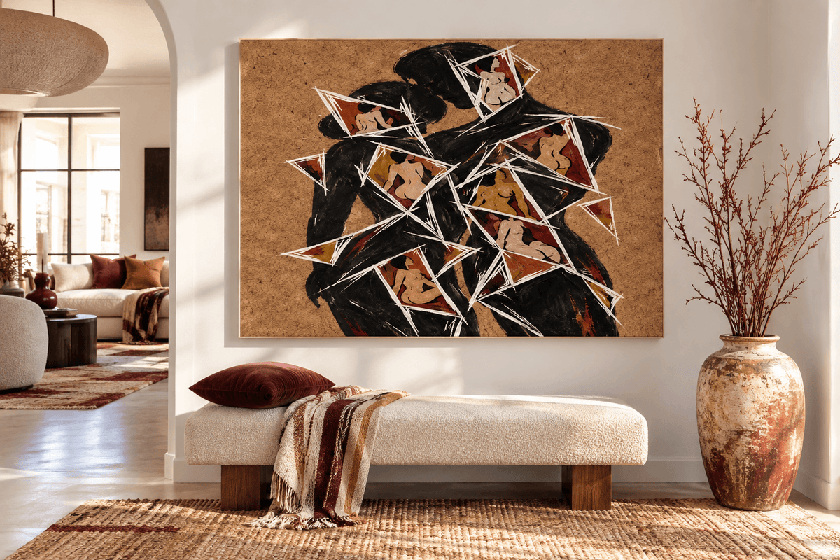 Abstract Lovers Silhouette Hand-Painted Canvas Art With Geometric Shards Cubist Romantic Art