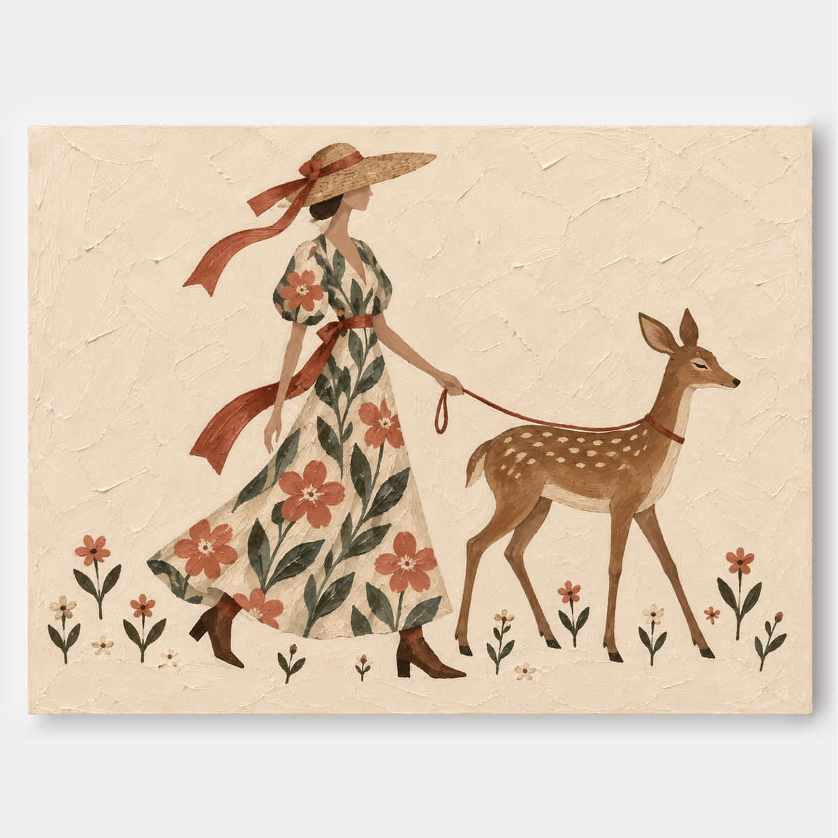 Lady With Deer Floral Hand-Painted Canvas Art In Warm Beige Tones