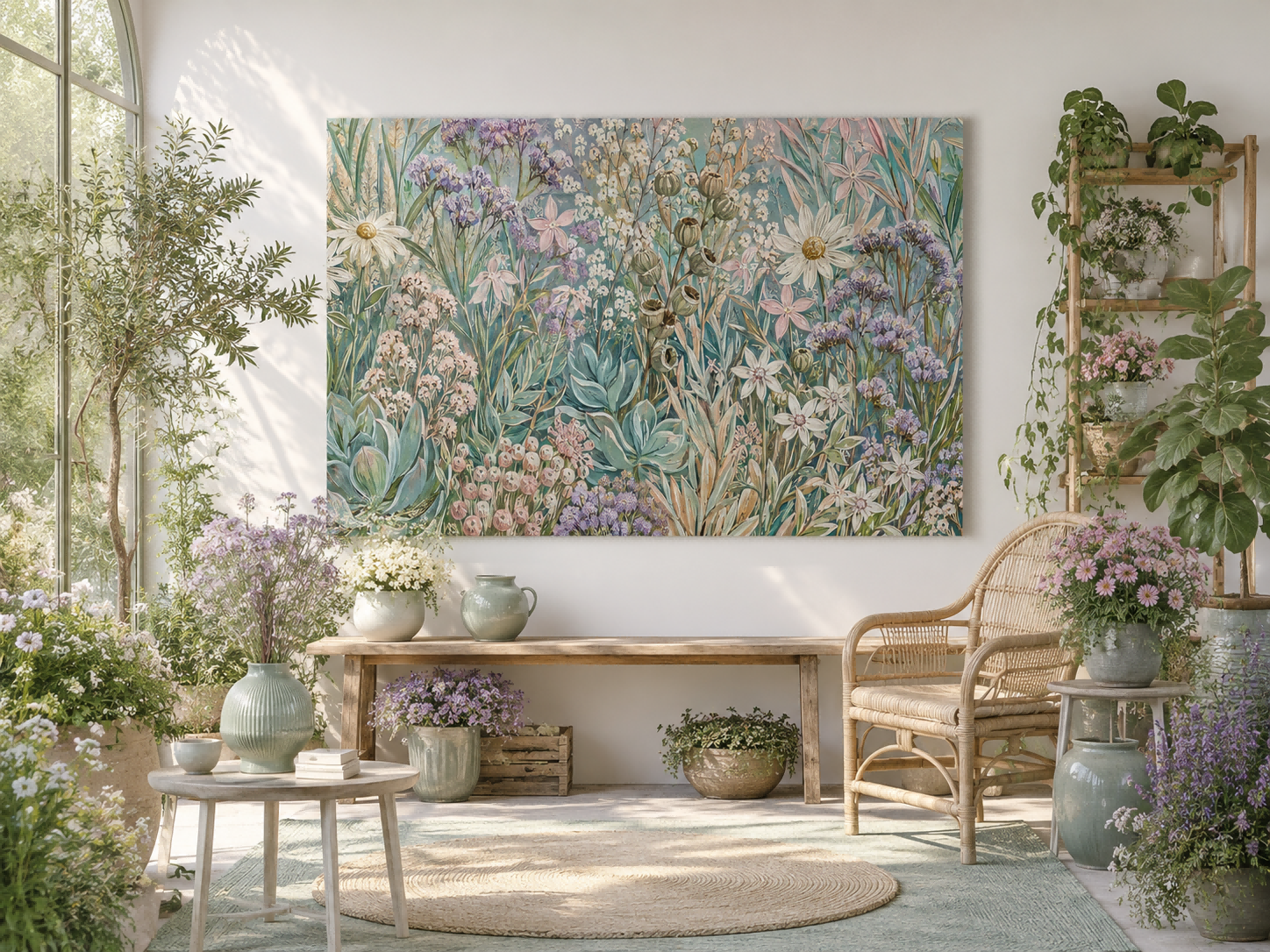 Romantic Wildflower Canvas Painting With Dried Grasses For Bedroom Or Lounge Decoration
