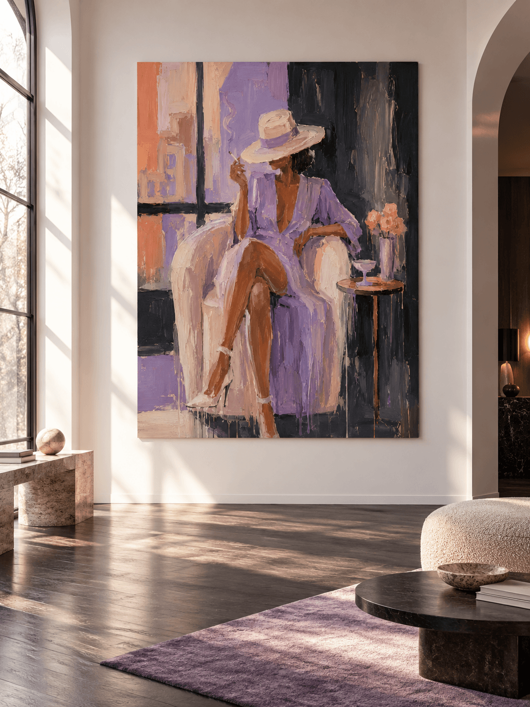 Modern Textured Art With Vintage Fashion Figure In Purple