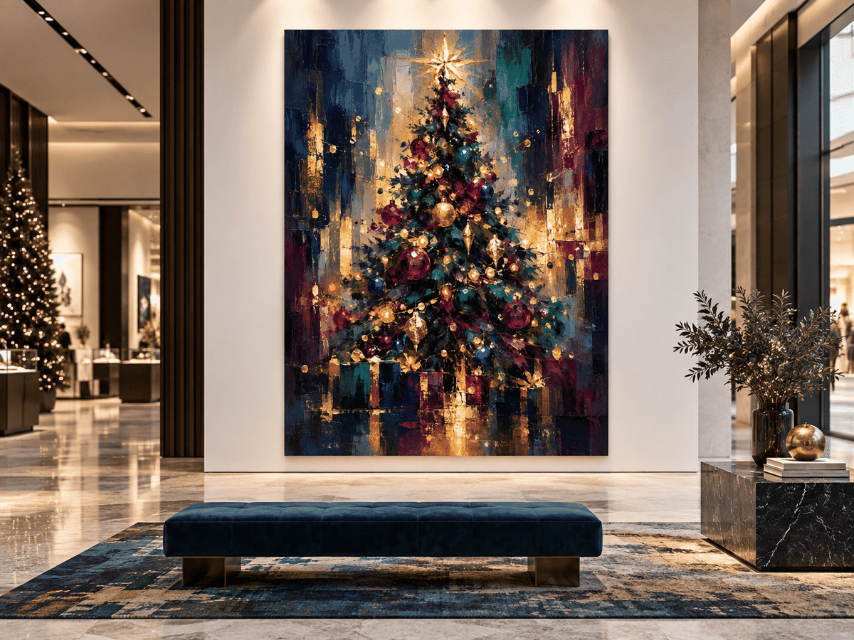 Abstract Christmas Tree Canvas Painting With Gold Star And Ornaments
