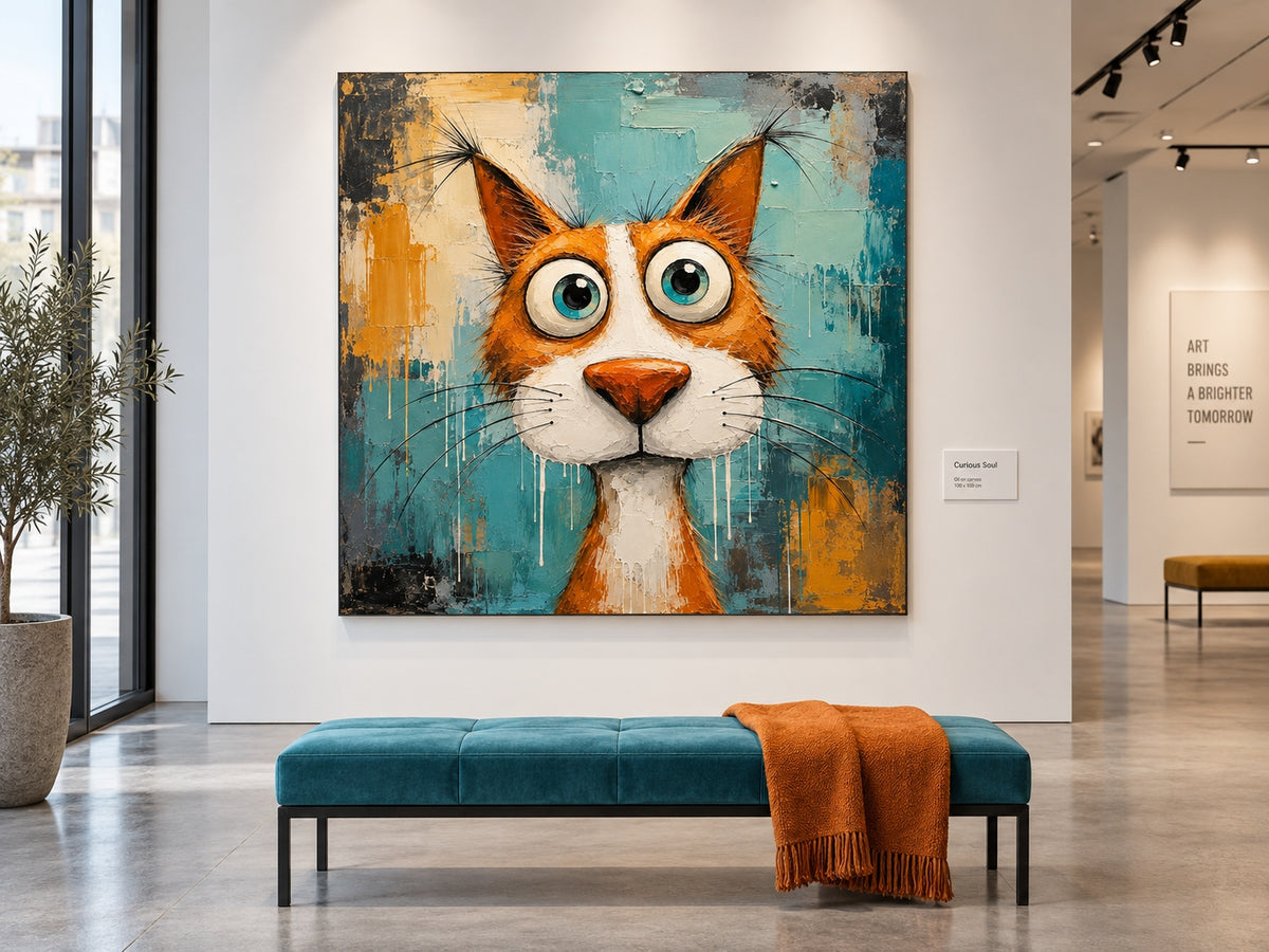 Modern Pop Art Cat Painting Abstract Textured Canvas For Home
