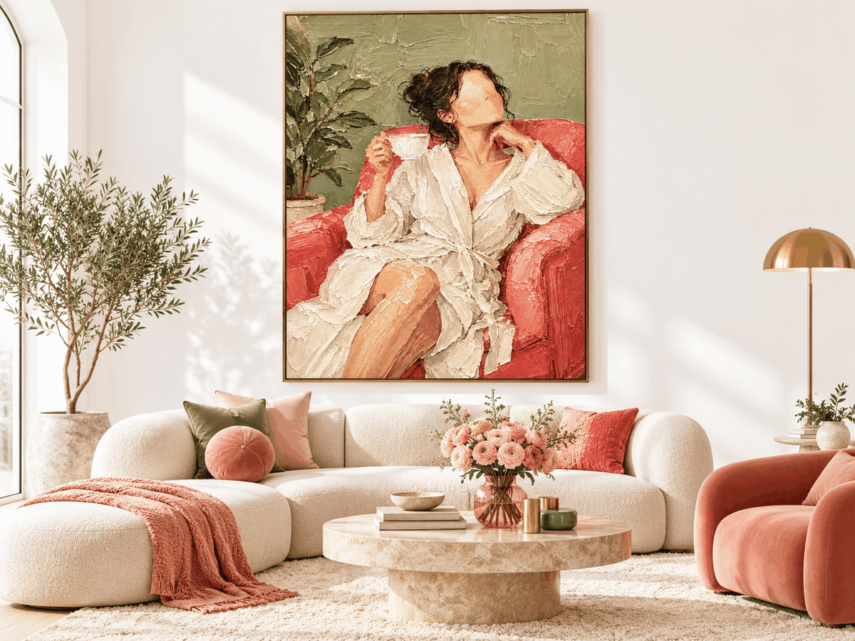 Textured Impressionist Style Wall Art Vintage Beige And Pink Oil Painting Effect