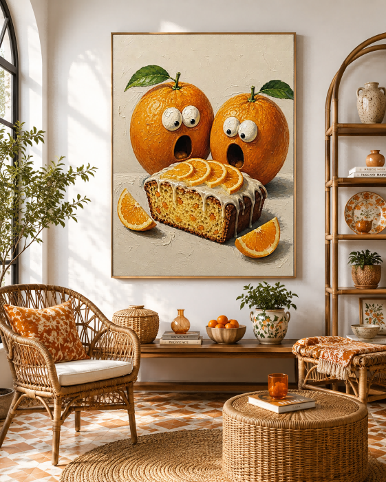 Whimsical Orange And Cake Painting For Modern Kitchen Wall Art Decor