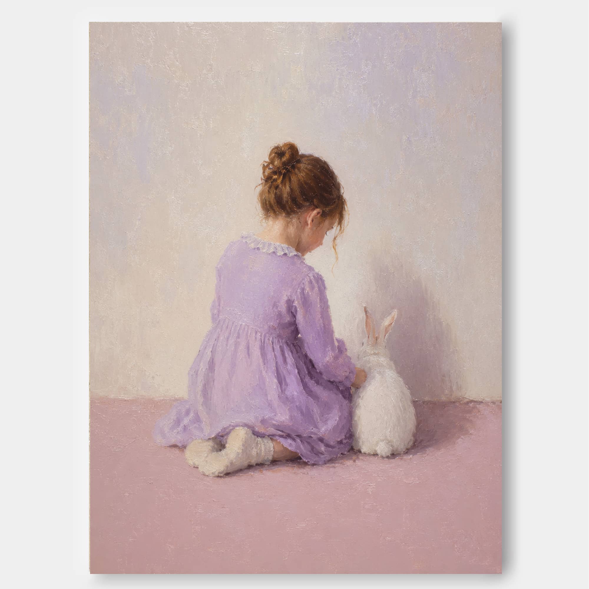 Classic Nursery Wall Art Girl And Bunny Painting For Kids Room