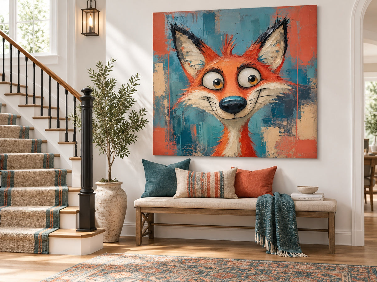 Funny Red Fox Portrait Canvas Painting With Big Eyes In Pop Art Style