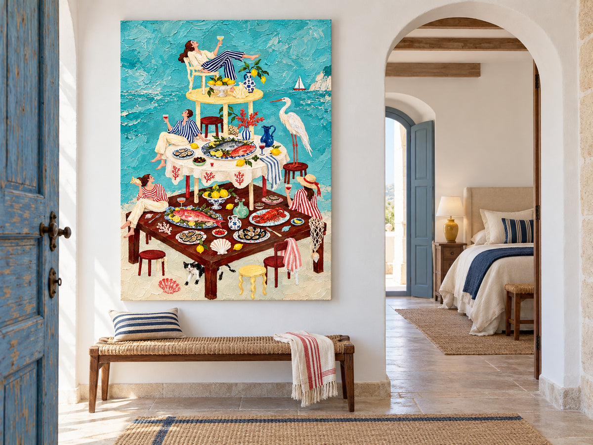 Mediterranean Dining Room Wall Art Vintage Style Seafood Painting Textured Surrealist Modern Art
