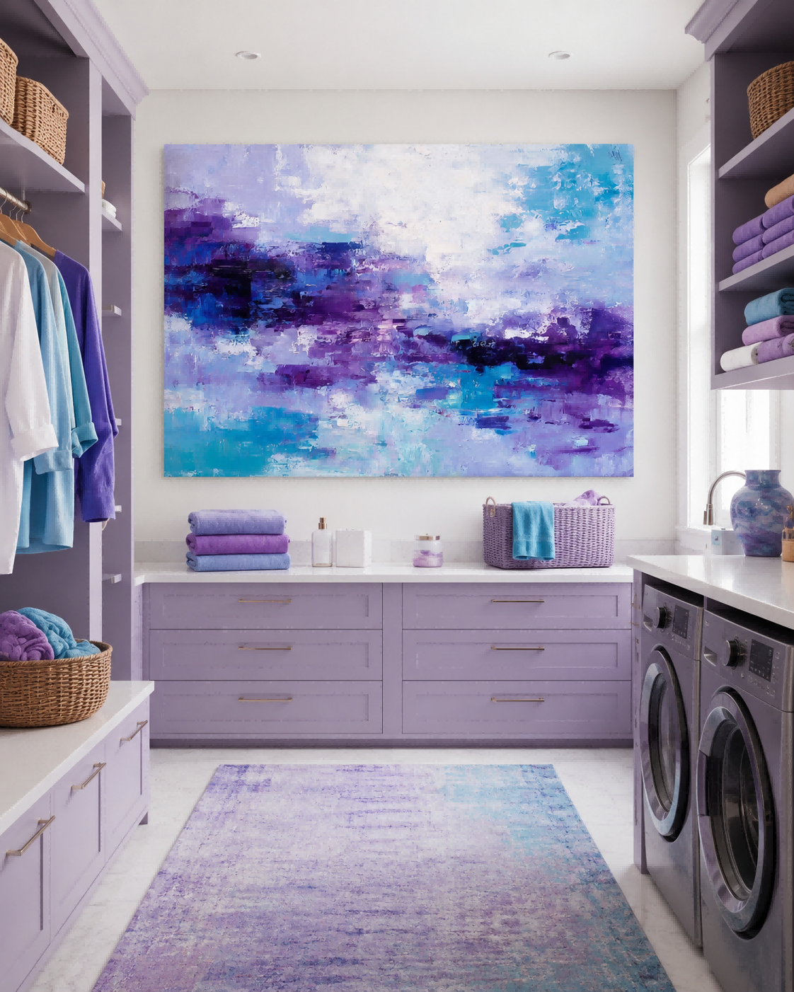 Horizontal Violet And Teal Oil Art For Lounge And Bedroom Calm Atmosphere Design