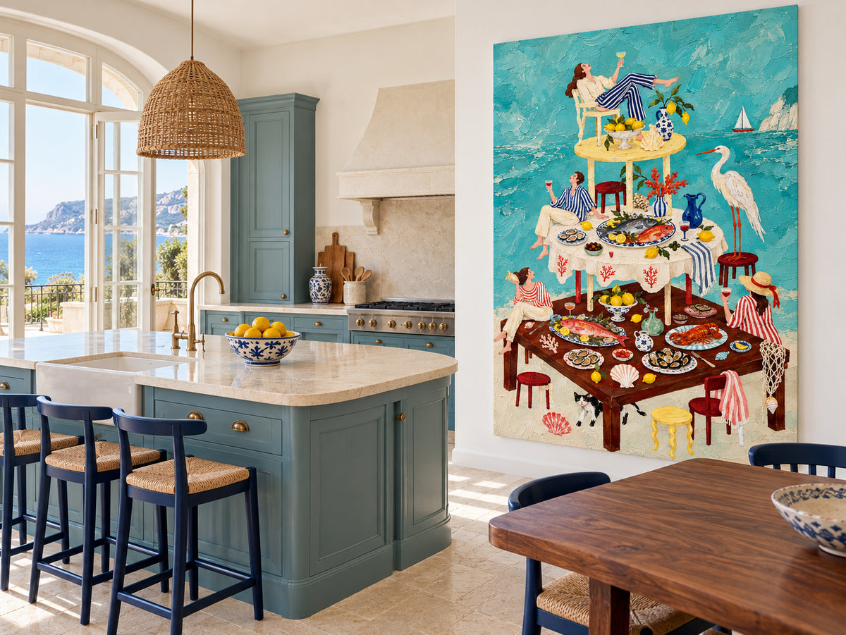 Mediterranean Dining Room Wall Art Vintage Style Seafood Painting Textured Surrealist Modern Art