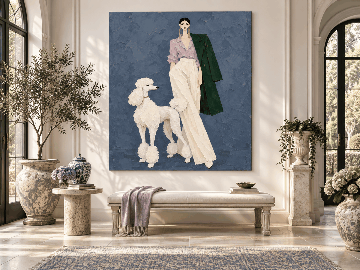 Fashion Lady With Poodle Hand-Painted Canvas Art In Purple And Blue