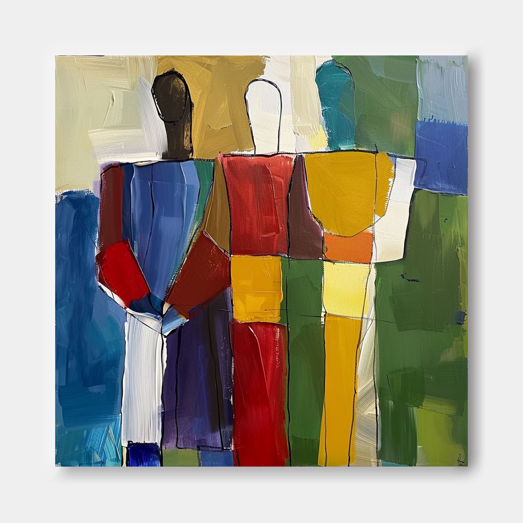 Colorful Abstract people's Wall Art Original Color Blocks Figure Painting Canvas Large Square Artwork Home Decor