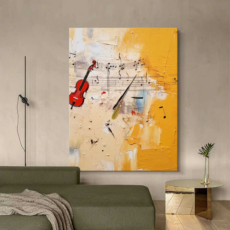 Bright Modern Violin Notes Abstract Wall Art Original Oil Painting Canvas Large Yellow Oil Painting for Home Decor
