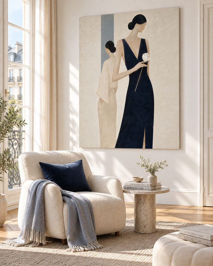 Two Women In Navy And Beige Hand-Painted Canvas Art With White Flower