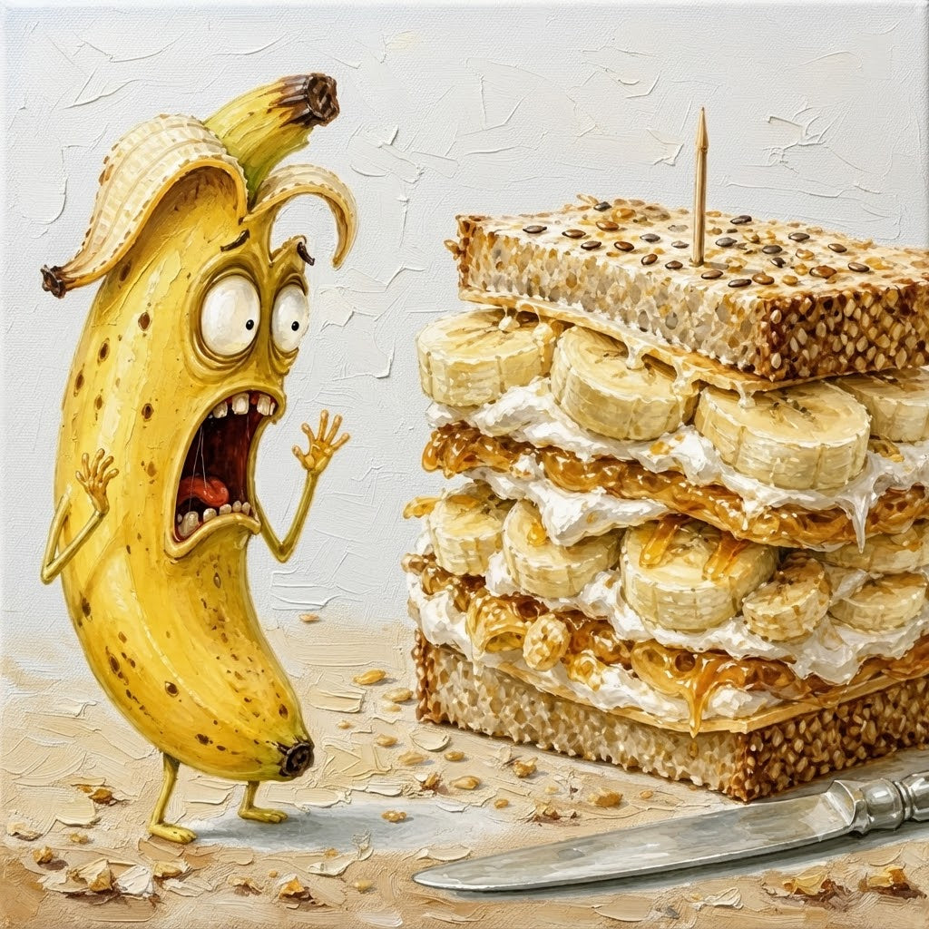Cute Pop Surrealism Oil Painting Of Funny Banana And Sandwich For Home