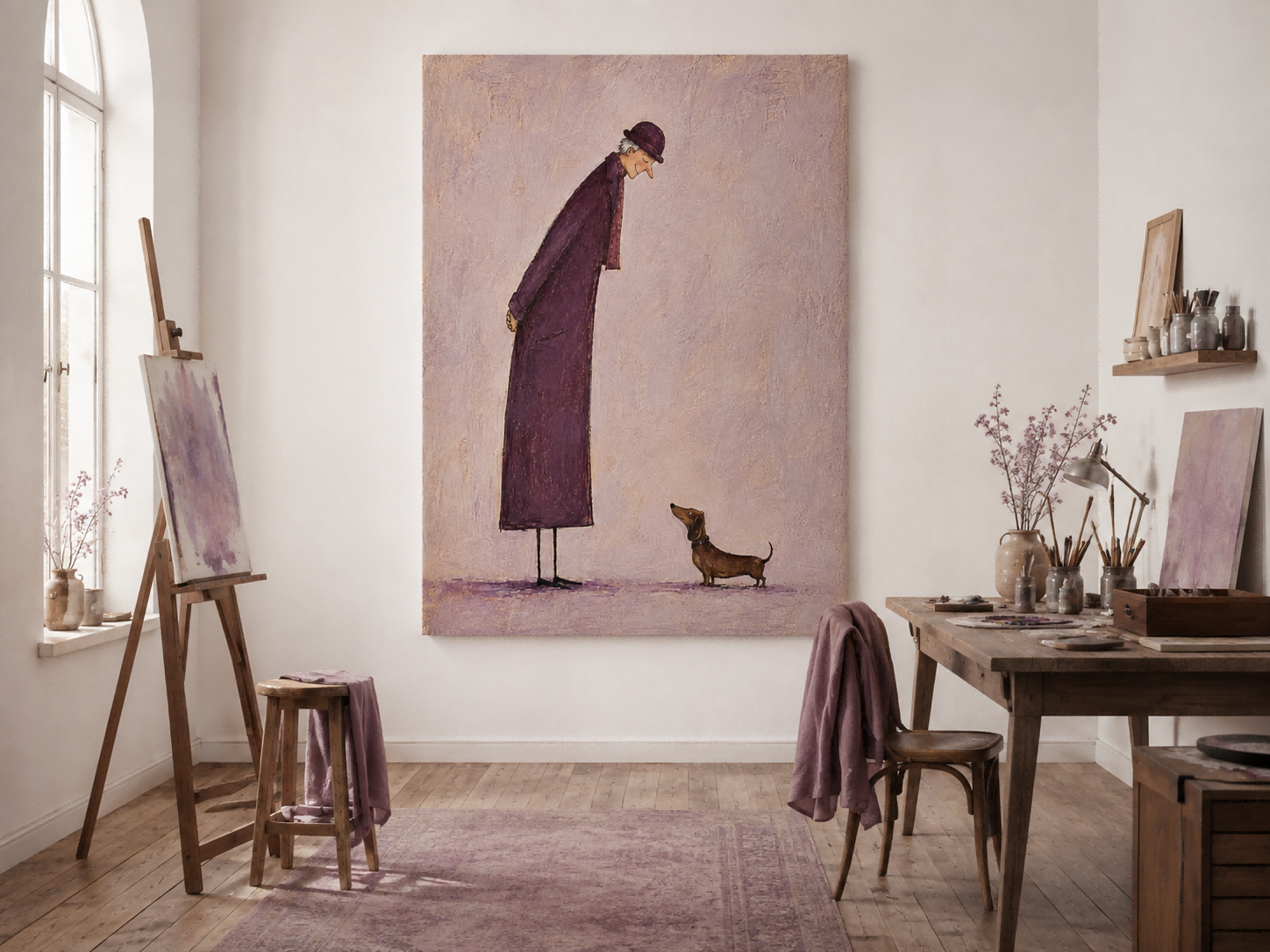 Emotional Pet Portrait Art Featuring Dachshund And Owner In Purple
