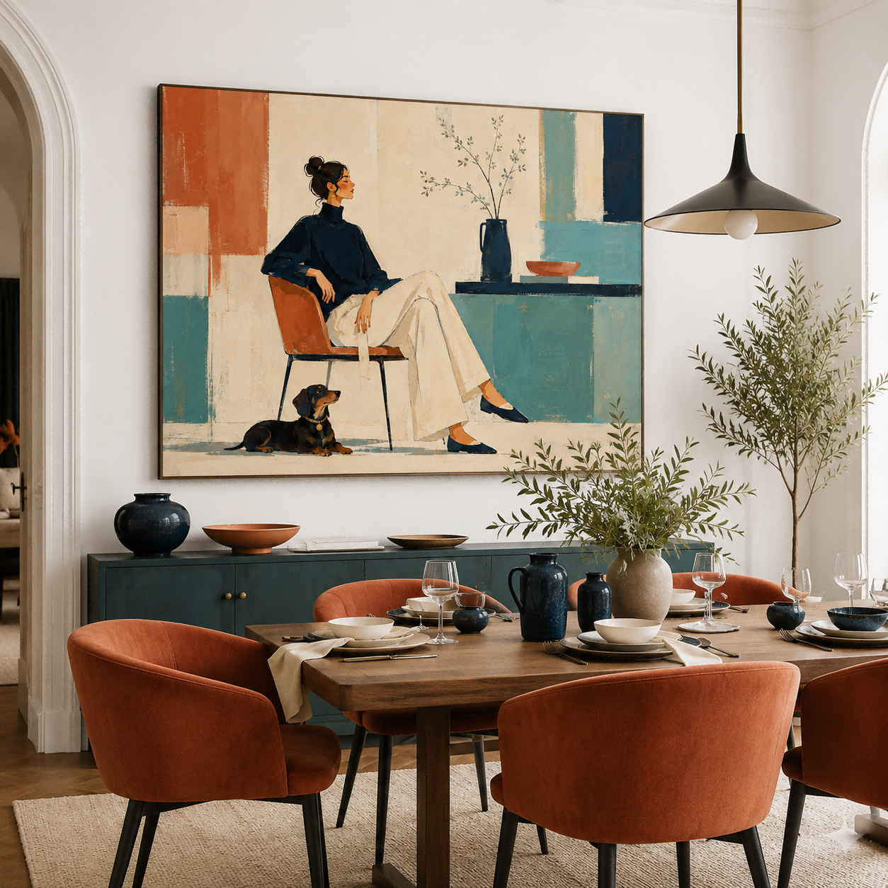 Stylish Illustrative Oil Painting Of Woman And Dog For Contemporary Home Interior Design