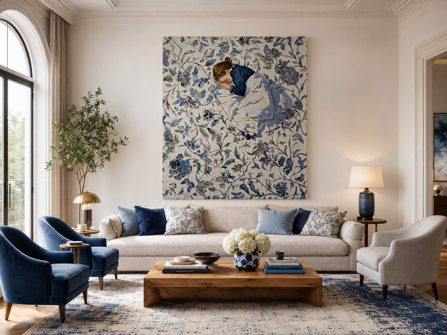 Vintage Illustrative Art With Delicate Texture And Blue White Tones