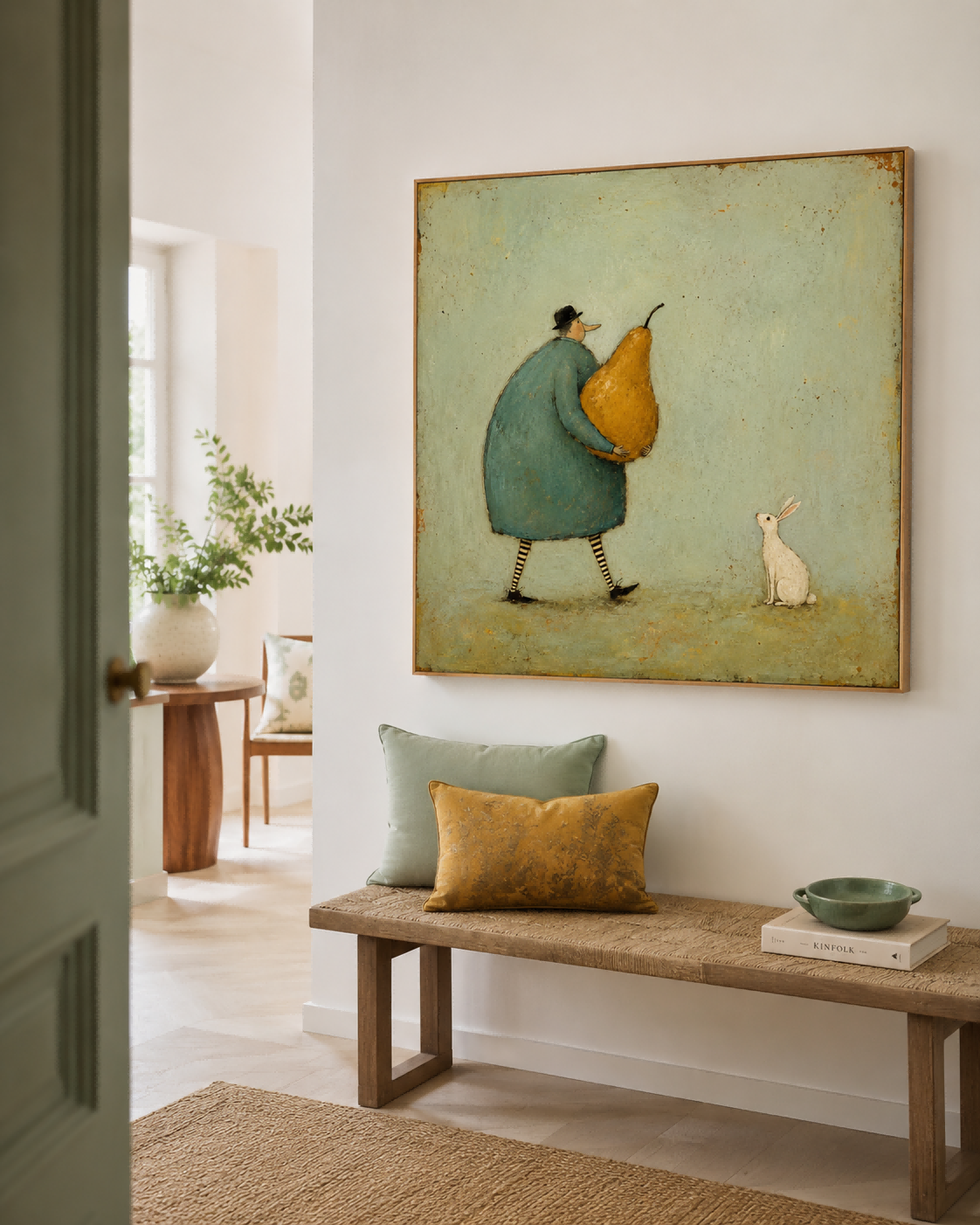 Whimsical Retro Illustration Original Canvas Painting Green Orange