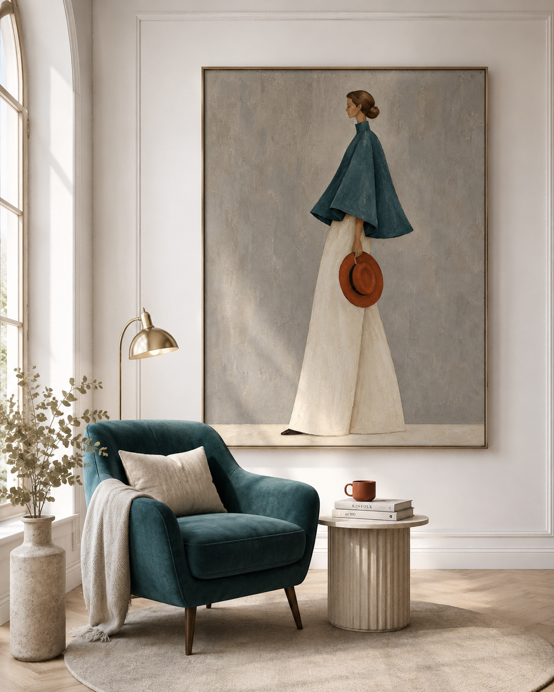 Teal And White Abstract Figure Painting Modern Fashion Art On Canvas