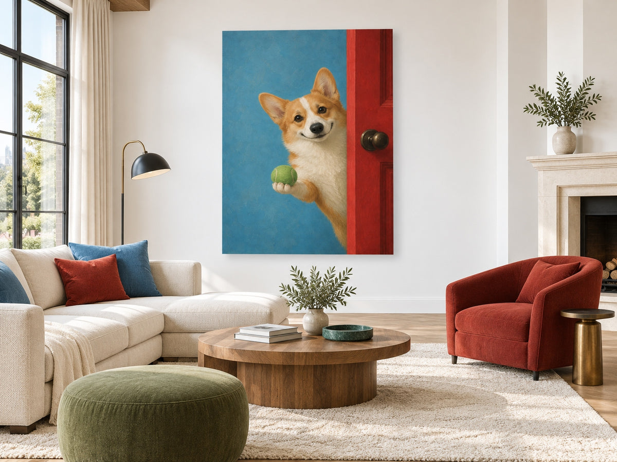 Hand-Painted Corgi With Tennis Ball Original Canvas Art