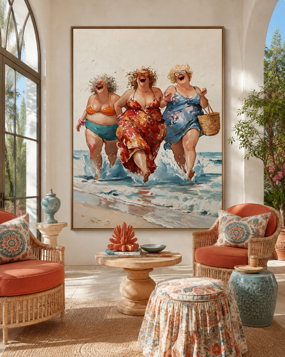 Vibrant Beach Friends Painting With Expressive Brushwork For Living Room Decor