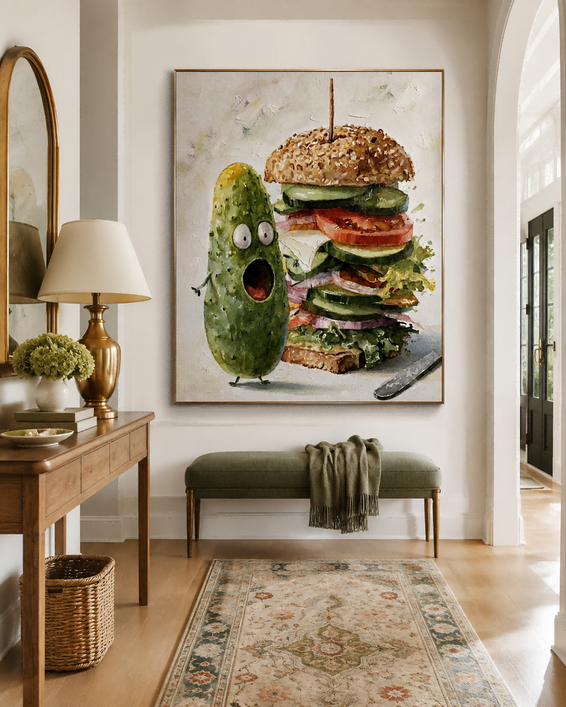 Whimsical Pickle And Sandwich Food Art For Modern Kitchen Wall Decor
