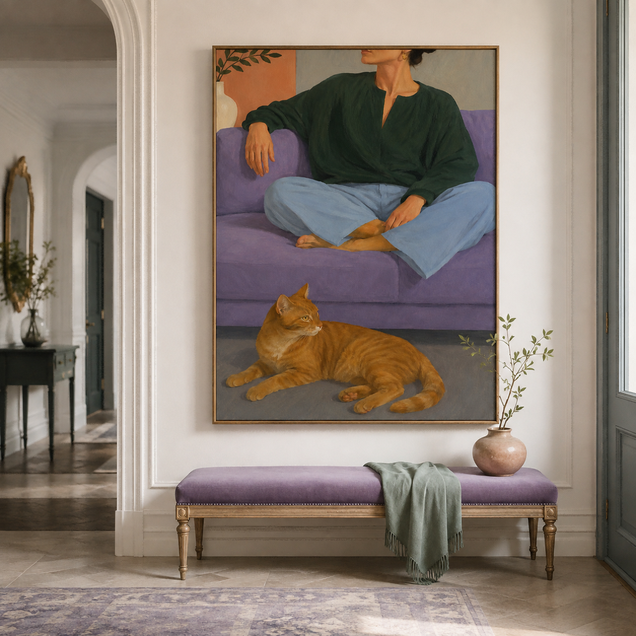 Woman And Cat On Purple Sofa Modern Figurative Oil Painting Hand-Painted Canvas Art