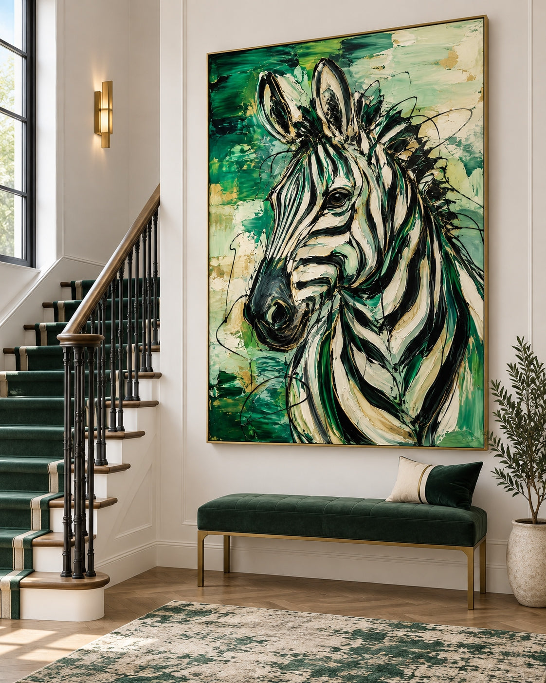 Graffiti Style Zebra Art Modern Abstract Canvas Painting Green And Gold Textured Wall Decor