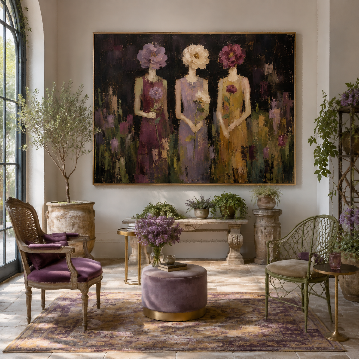 Abstract Figurative Painting Of Women With Flowers In Rich Textured Oil Style
