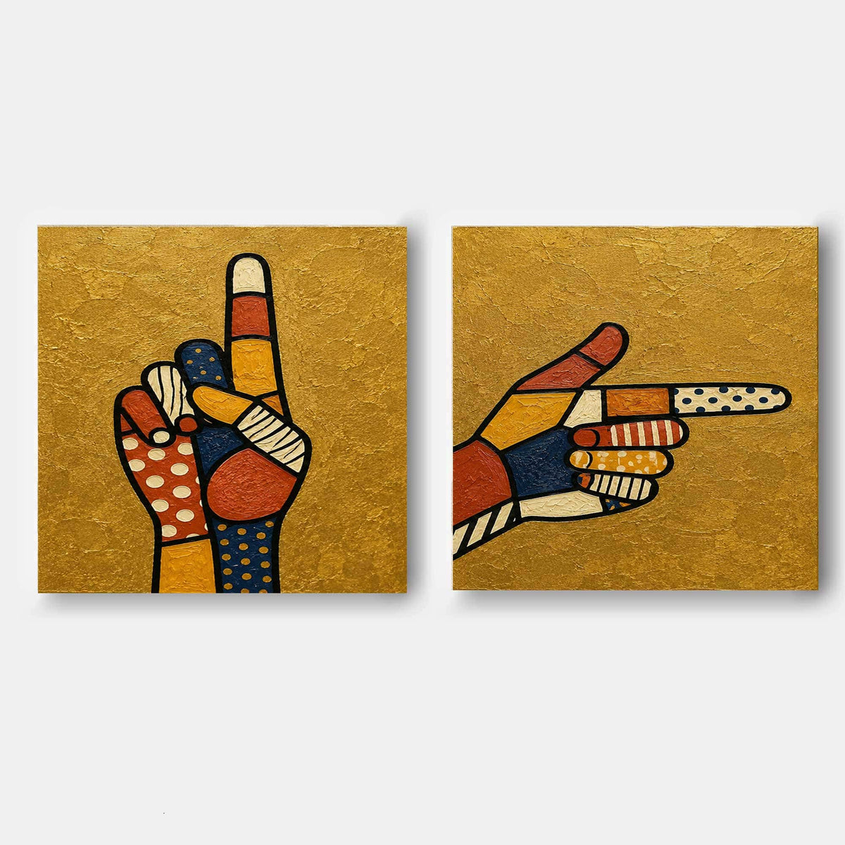 Hand-Painted Pop Art Hands Canvas Painting With Gold Background And Patterns