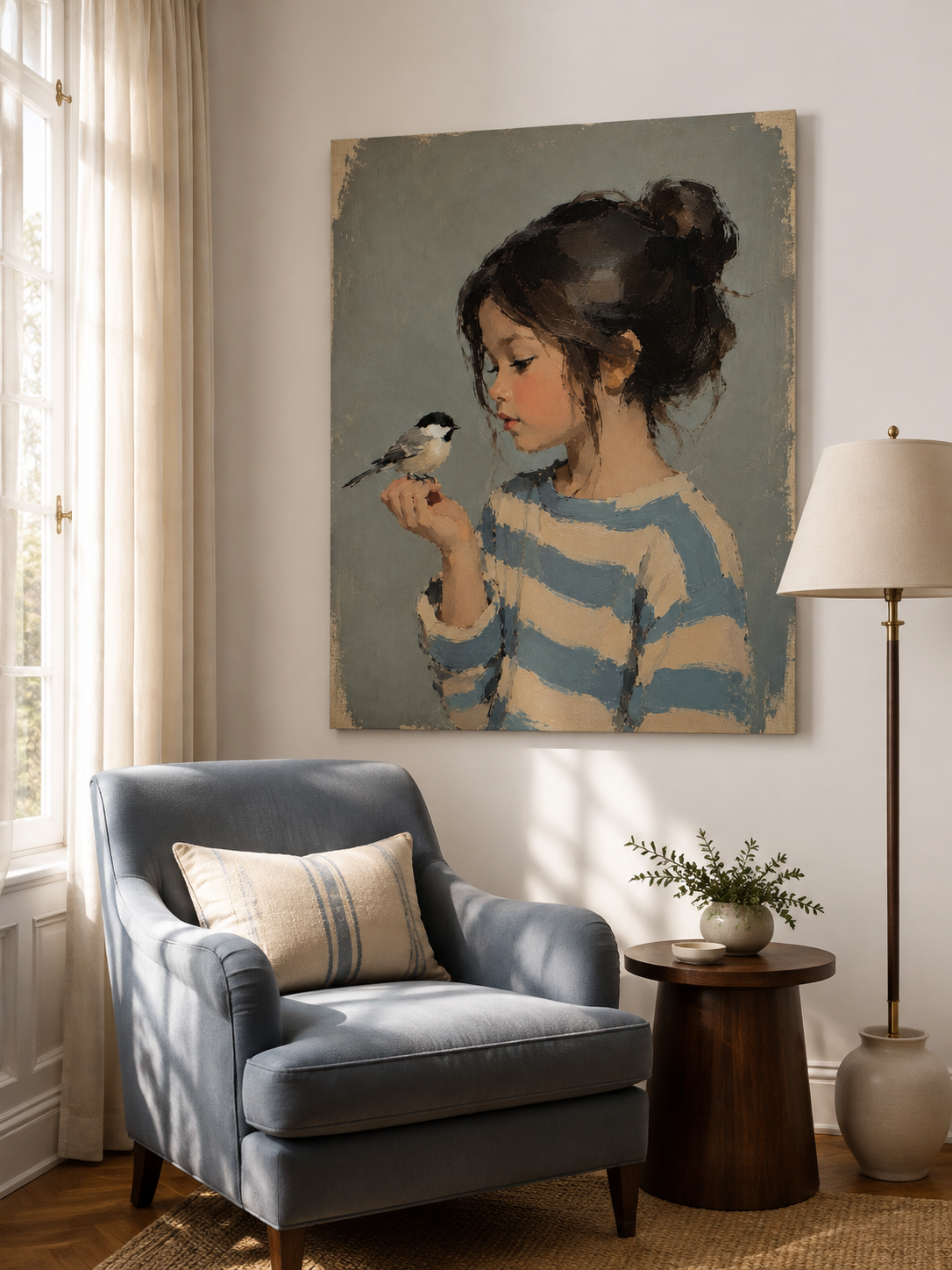 Modern Bedroom Wall Art Girl And Bird Painting Blue Beige Tones