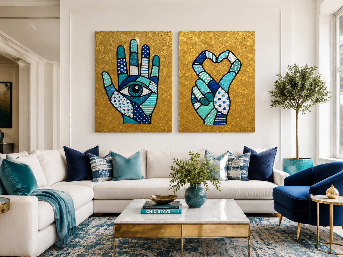 Hand-Painted Hamsa Eye And Heart Canvas Art Set With Gold Background