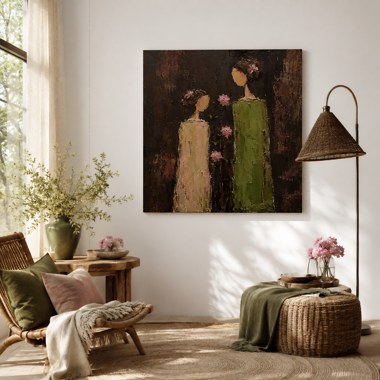 Minimalist Vintage Women Painting With Pink Flowers In Square Canvas Art For Living Room Decor