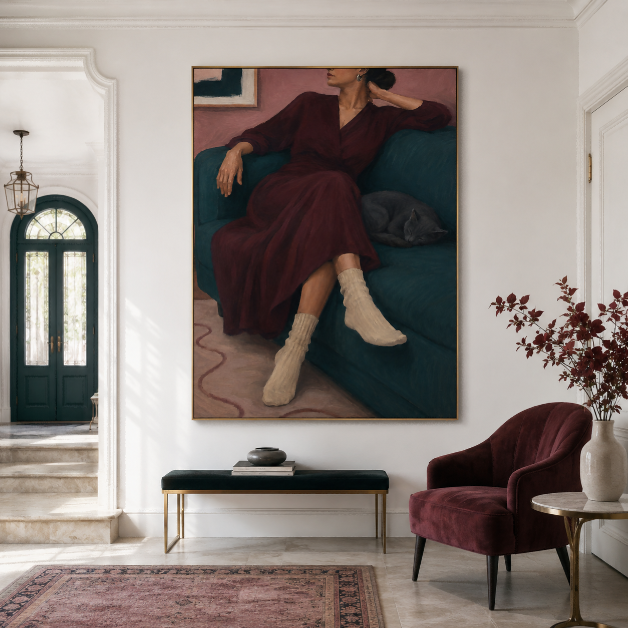 Elegant Living Room Wall Art With Woman And Sleeping Cat In Warm Tones