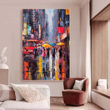 Original Modern Rainy Night Cityscape Oil Painting On Canvas Abstract Urban Scene Art Large Wall Art Home Decor