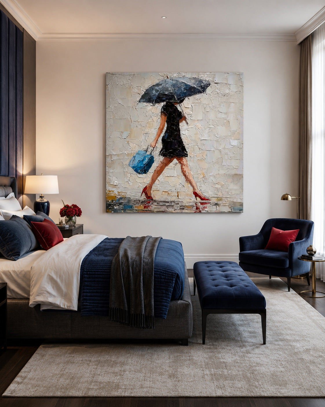 Rainy Day Romance Abstract Figure Painting Red Heels And Blue Bag Square Wall Art