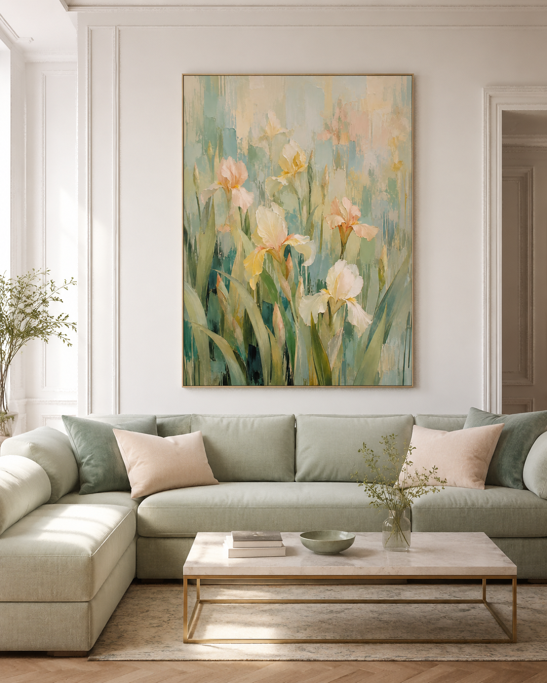 Abstract Champagne Iris Flower Canvas Painting Hand-Painted Wall Art Modern Impasto Abstract Art With Warm Beige Tones Original Canvas