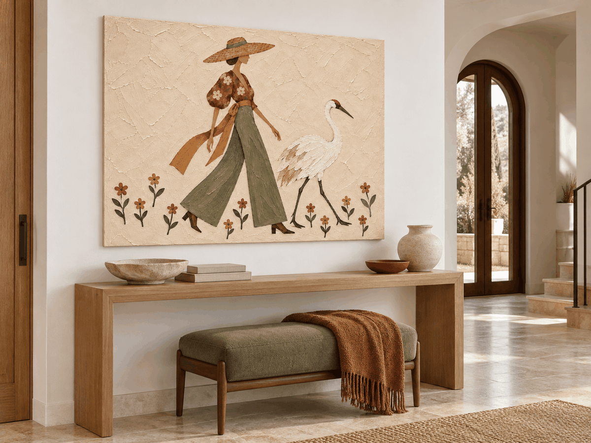 Modern Vintage Textured Canvas Painting Abstract Nature Theme Art Woman And Crane Hand-Painted Art