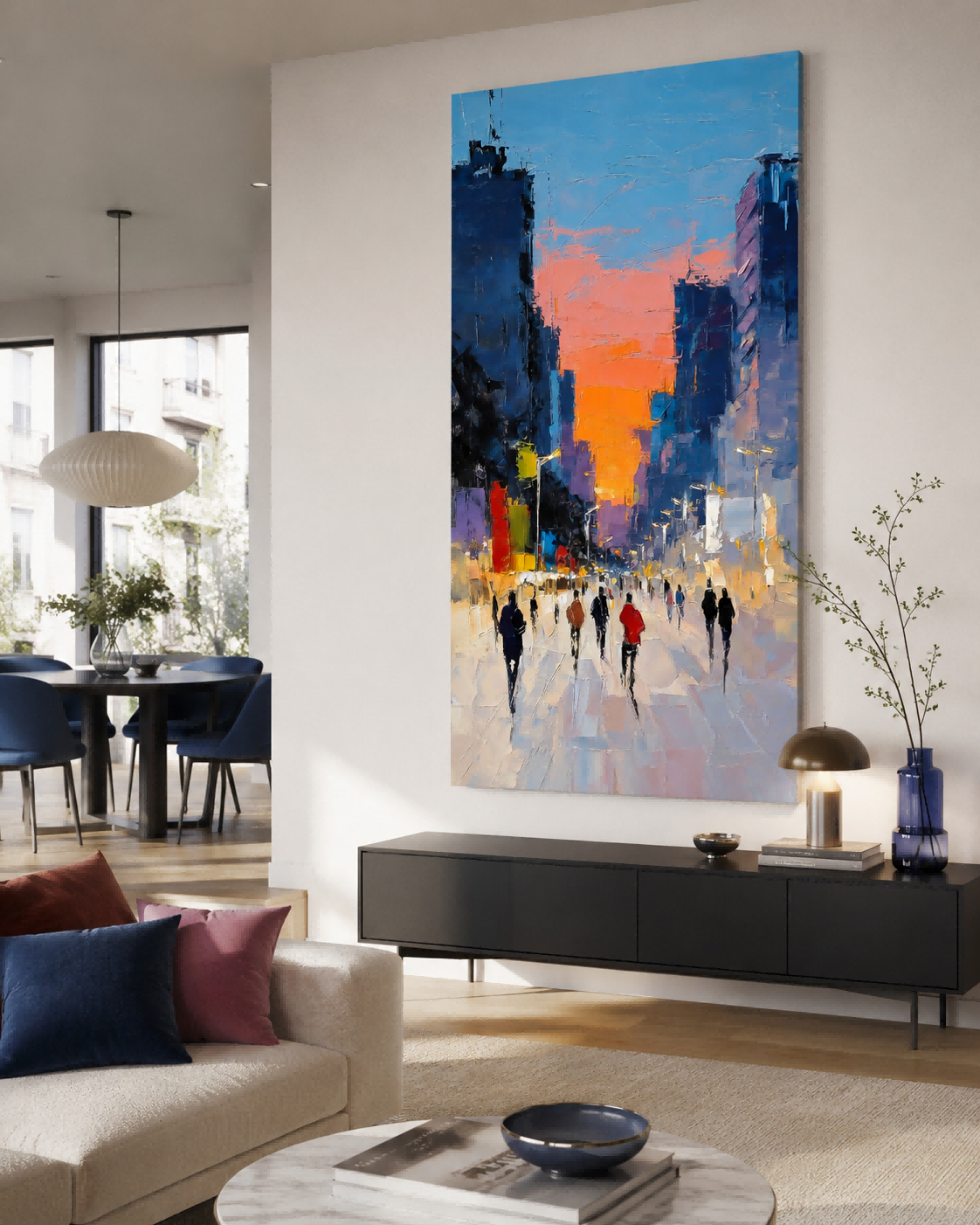 Original Textured Canvas Painting Of City Sunset With Abstract Architecture And People Silhouettes
