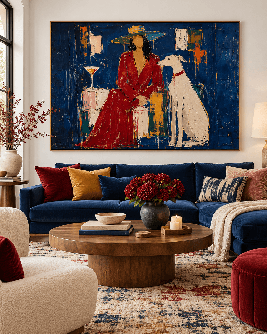 Modern Textured Art Abstract Portrait Of Lady With Dog In Blue