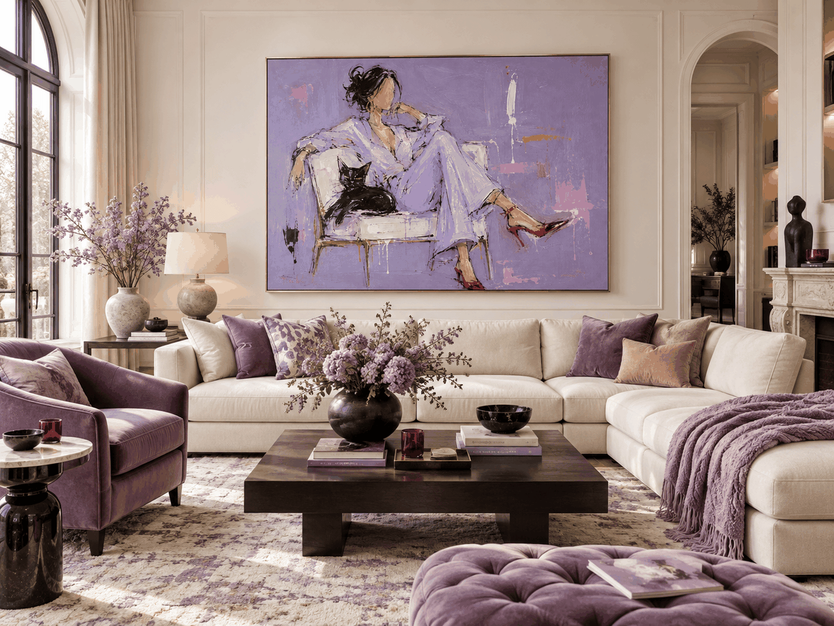Woman With Black Cat Hand-Painted Canvas Art Abstract Fashion Art With Textured Purple And Red Accents