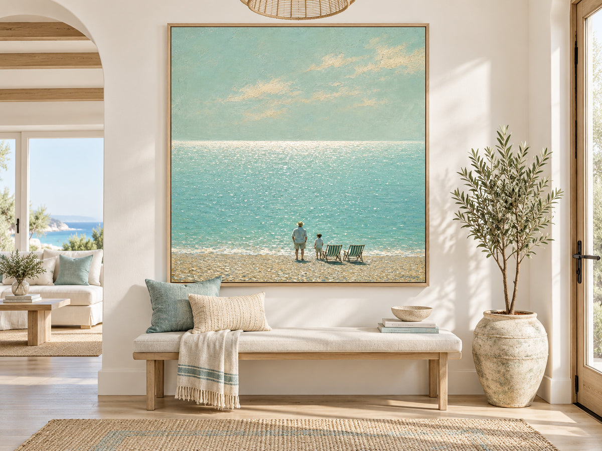 Father And Son Beach Scene Hand-Painted Canvas Art In Soft Blue Tones