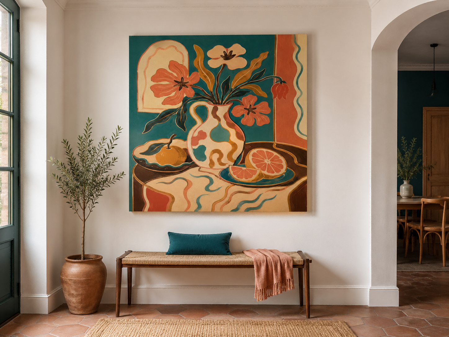 Whimsical Art Deco Style Painting With Abstract Fruit And Flowers