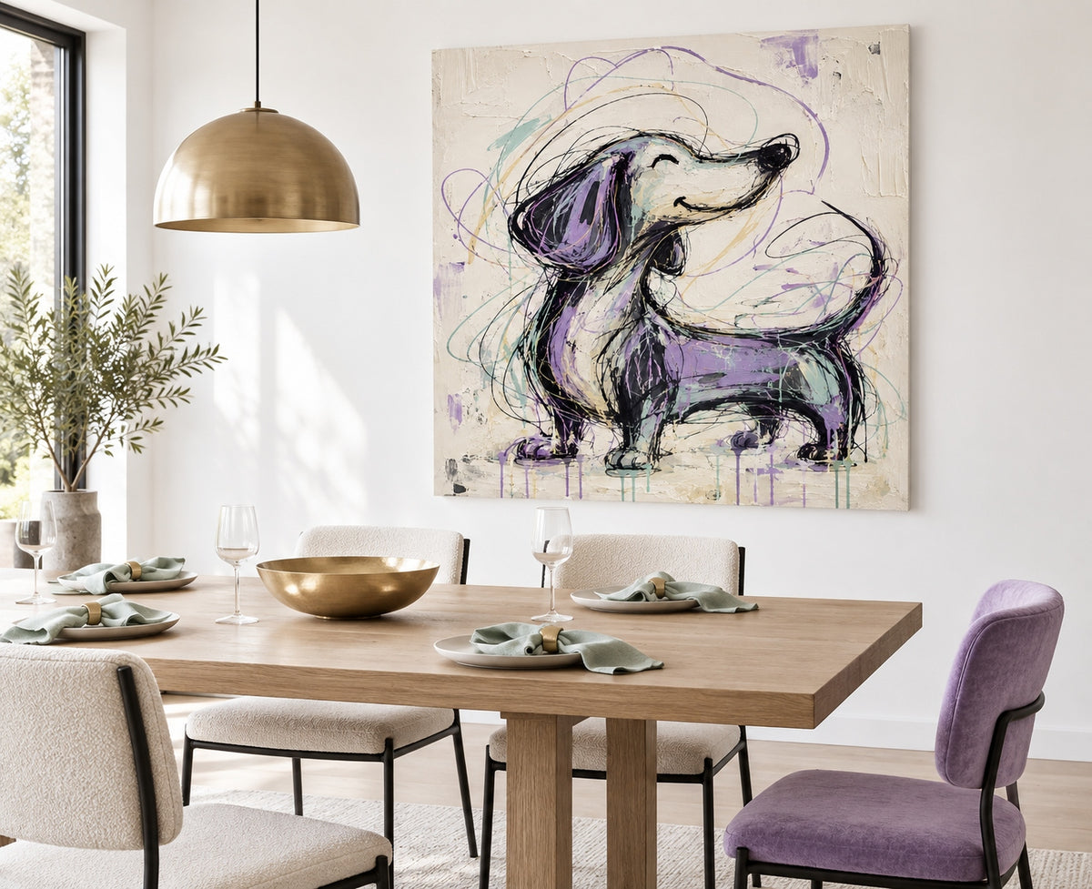 Hand-Painted Purple Dachshund Canvas Art With Graffiti Style