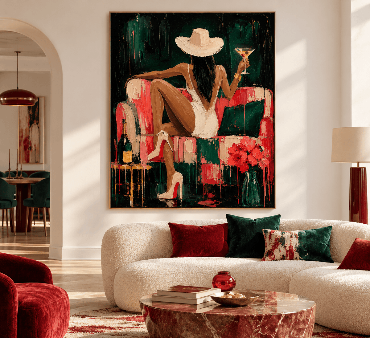 Elegant Woman In White Hat With Cocktail Modern Canvas Painting